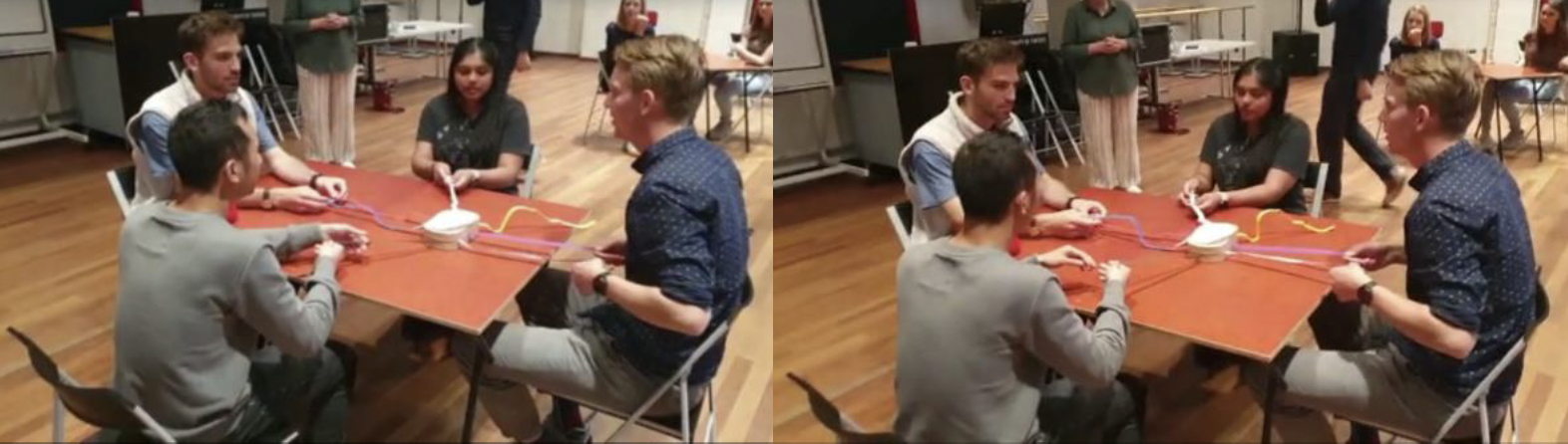 Four participants testing Conversational Strings in a participatory sensemaking workshop