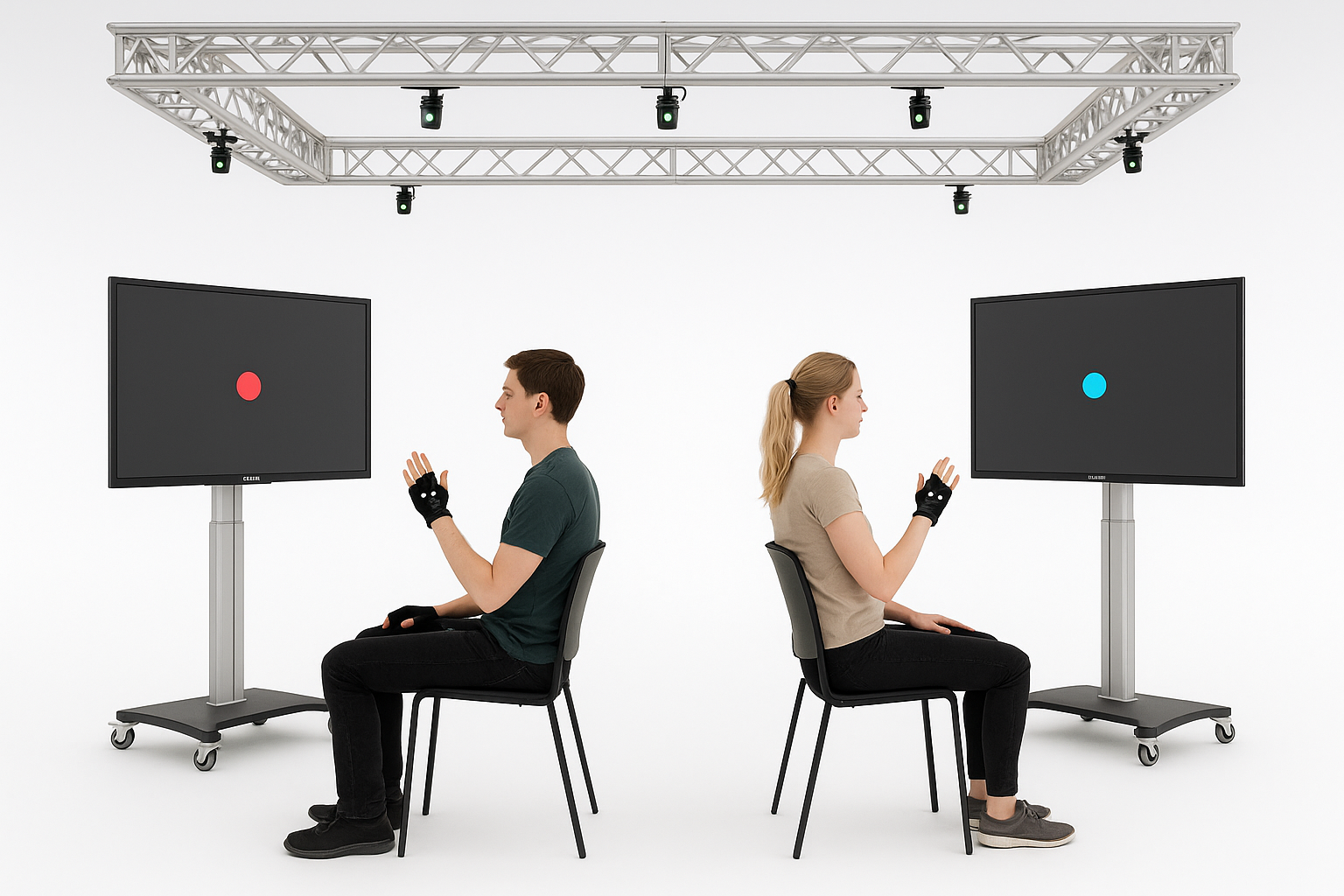 Two participants back to back with screens — Task 2 dyadic setup