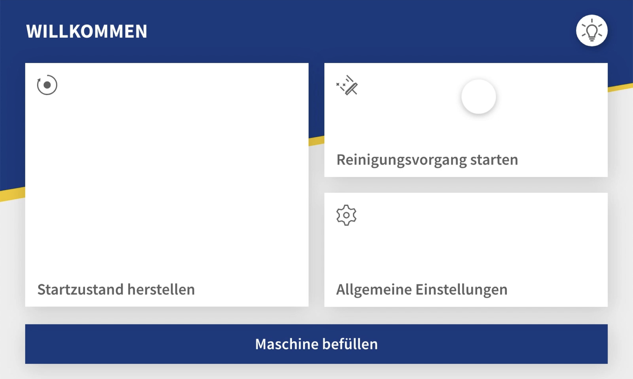 Redesigned Niemann machine UI — clean navy tile layout with custom iconography and clear visual hierarchy