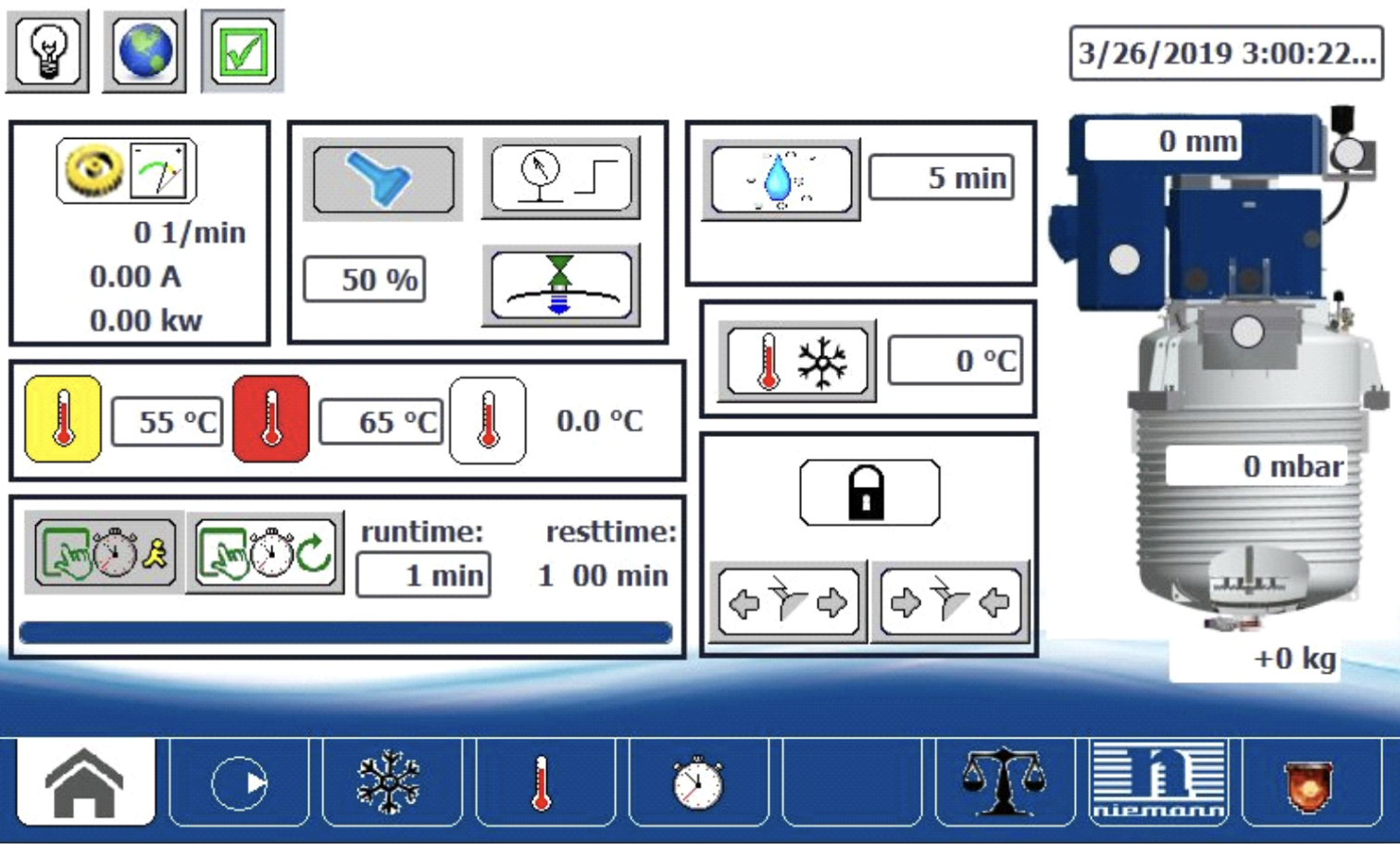 Original Niemann machine control UI — cluttered layout with inconsistent icons and colour-coded warning states