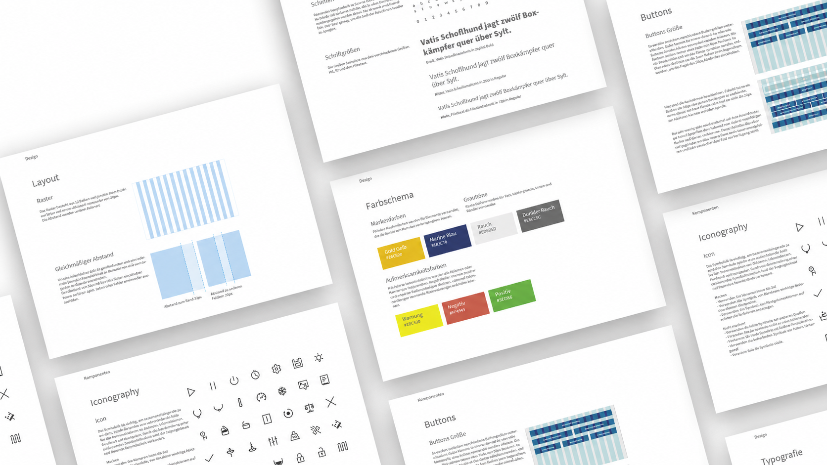 Niemann styleguide spread showing colour palette, typography, layout grid, button specifications, and iconography rules