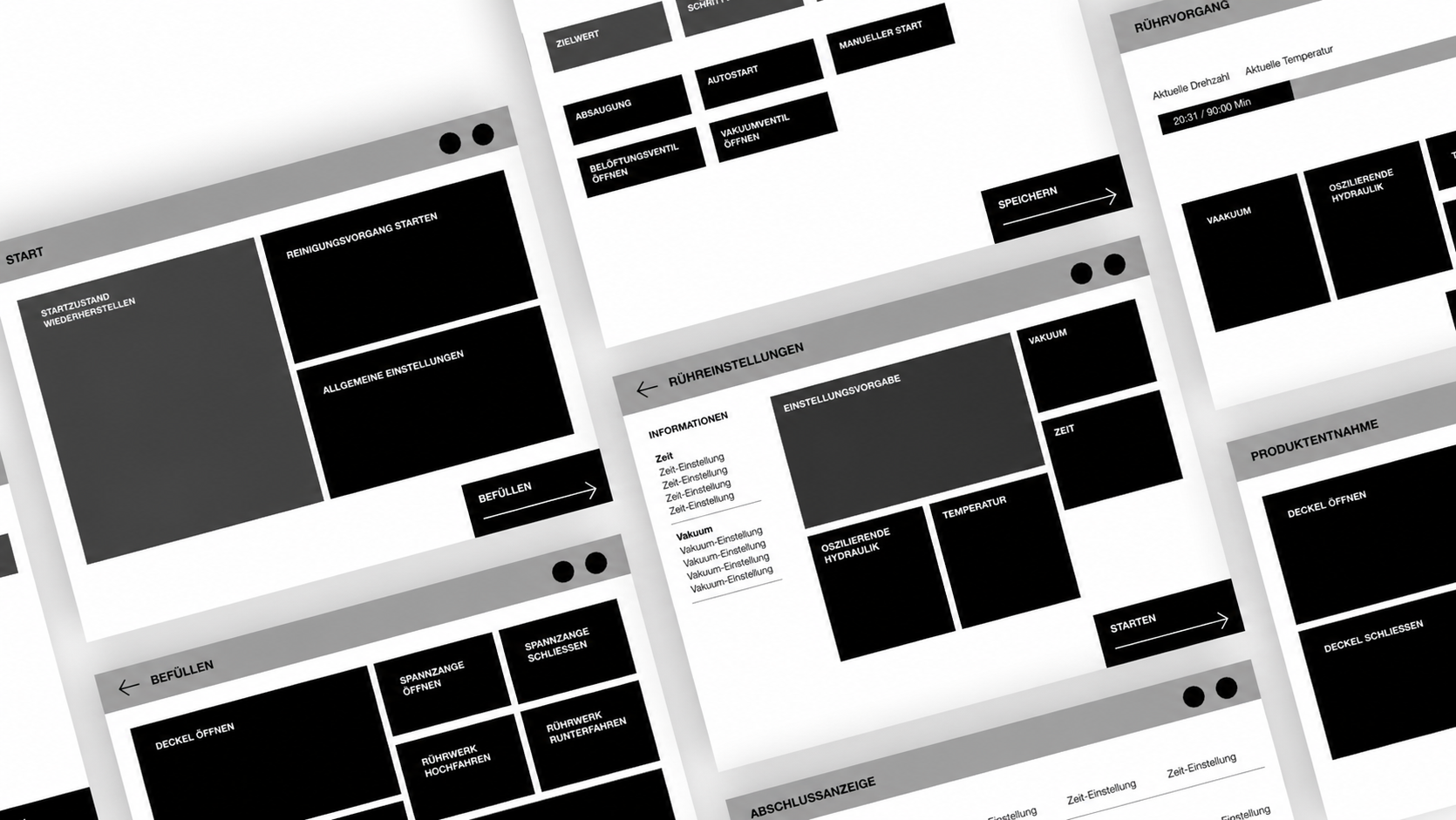 Wireframe overview showing multiple screens of the redesigned navigation structure in low-fidelity