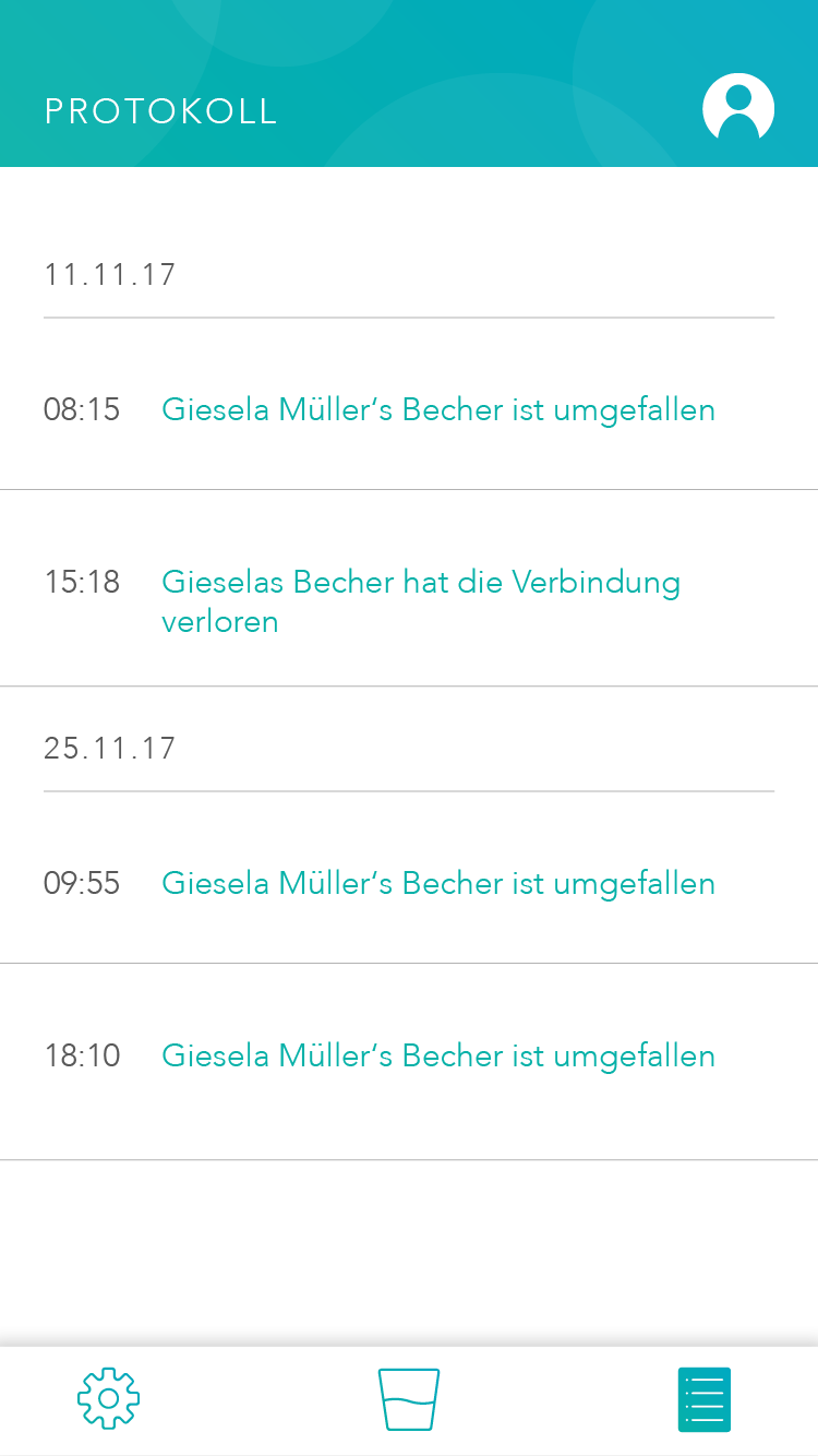 OCTOPUS app overview screen showing patient name, current ml, and remaining daily intake