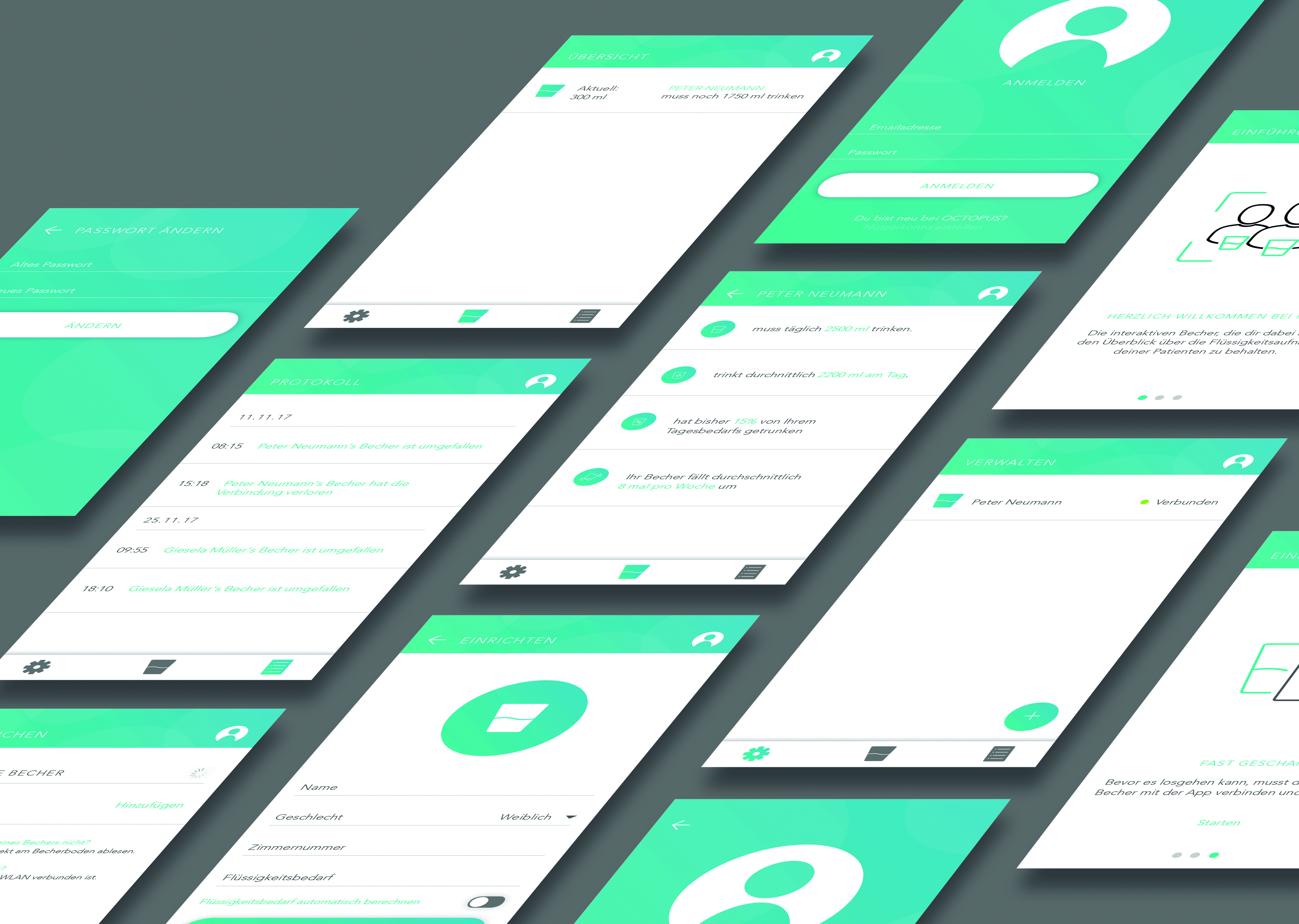 All OCTOPUS app screens laid out: login, onboarding, manage, overview, patient detail, log, and settings